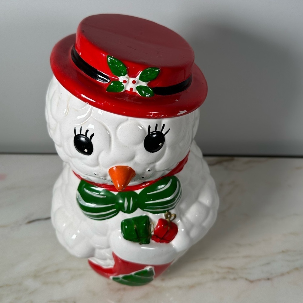 Vintage Snow Lady Bow & Hat Cookie Jar White, Red, Green Carrot Nose Mistletoe - Picture 2 of 11